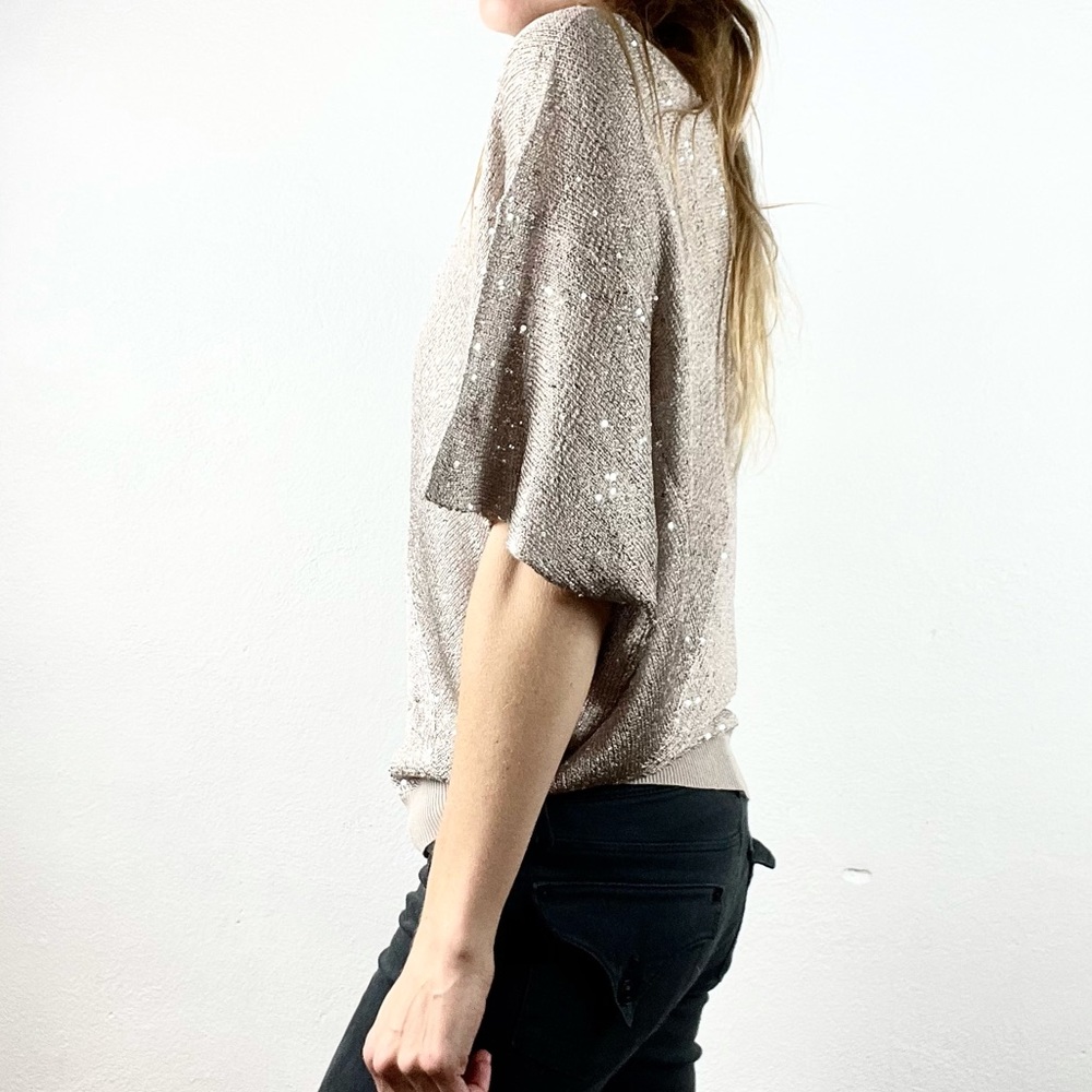 ALFANI | Champagne Sparkly Sequined Loose Dolman Batwing Shrug Sweater - Picture 6 of 10